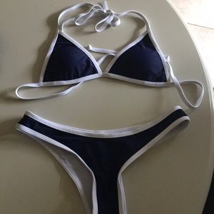 Navy and white high cut bikini set